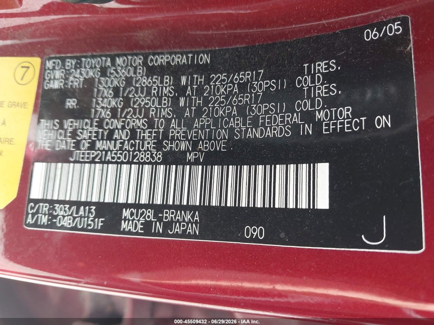 2005 Toyota Highlander VIN JTEEP21A550128838 IAAI salvage auction — NORMAL WEAR, Clear (Virginia), sold $1,500 on 2026-07-14 (photo 9)