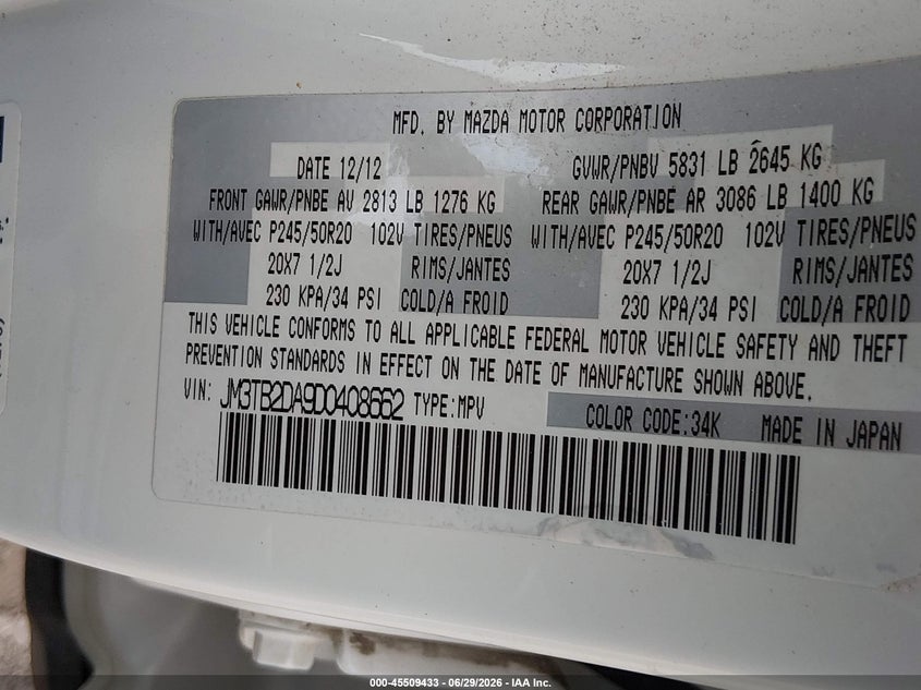 2013 Mazda Cx-9 VIN JM3TB2DA9D0408662 IAAI salvage auction — NORMAL WEAR, Original (Texas), sold $550 on 2026-07-28 (photo 9)