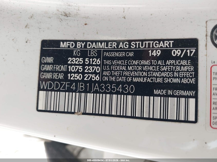 2018 Mercedes-benz E-klasse VIN WDDZF4JB1JA335430 IAAI salvage auction — WATER/FLOOD, Salvage (Mississippi), sold $5,600 on 2026-07-31 (photo 9)