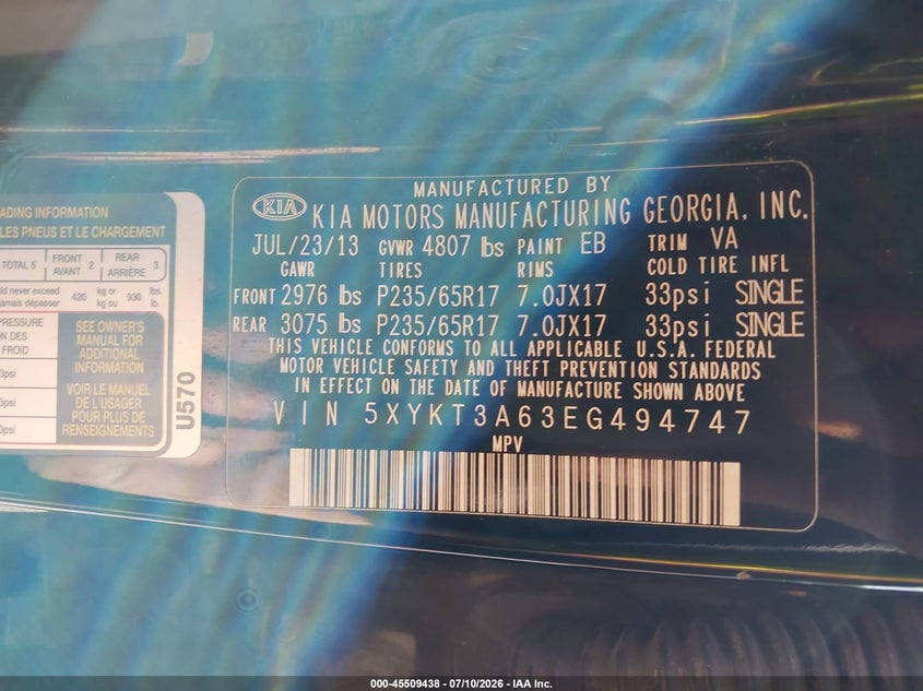 2014 Kia Sorento VIN 5XYKT3A63EG494747 IAAI salvage auction — NORMAL WEAR, Clear (New Jersey), sold $1,050 on 2026-07-14 (photo 9)