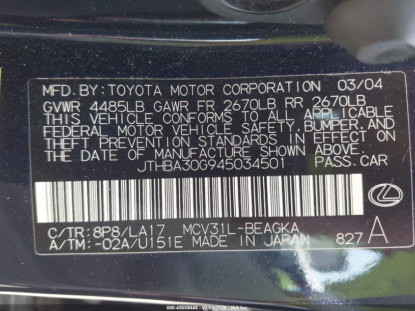 2004 Lexus Es 330 VIN JTHBA30G945034501 IAAI salvage auction — NORMAL WEAR, Original (Ohio), sold $700 on 2026-07-09 (photo 9)