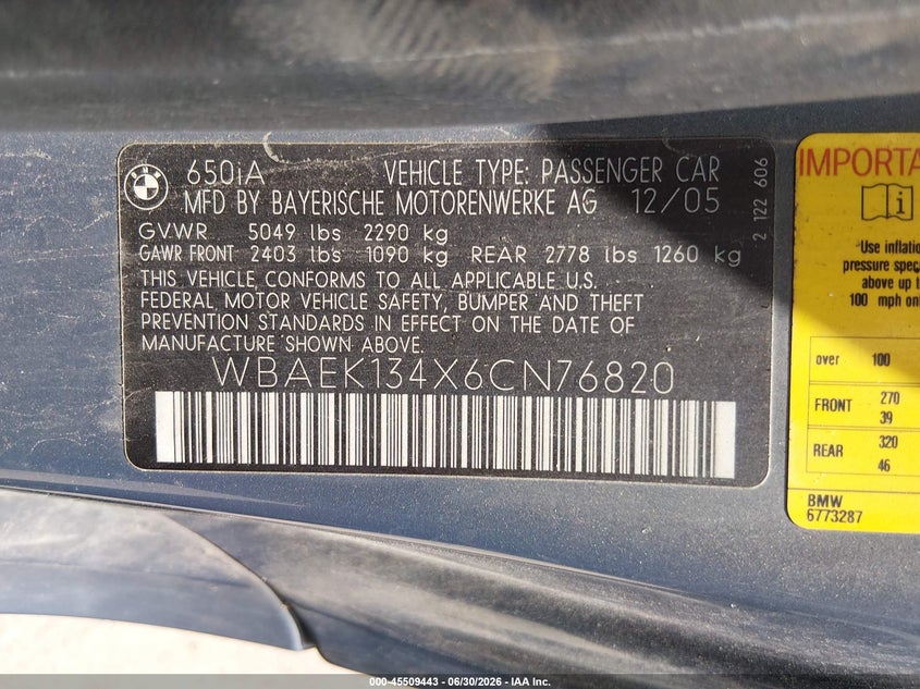 2006 BMW 6er VIN WBAEK134X6CN76820 IAAI salvage auction — REAR END, Salvage (Ohio), sold $1,050 on 2026-08-04 (photo 9)
