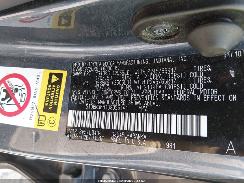 2011 Toyota Highlander VIN 5TDBK3EH1BS055141 IAAI salvage auction — NORMAL WEAR, Clear (New Hampshire), sold $2,800 on 2026-07-07 (photo 9)