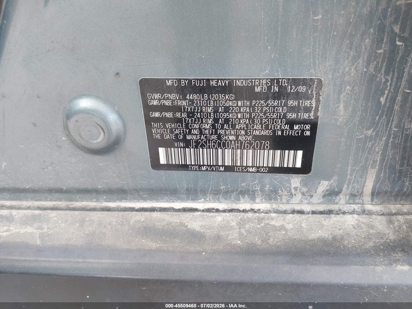 2010 Subaru Forester VIN JF2SH6CC0AH762078 IAAI salvage auction — NORMAL WEAR, Clear (Missouri), sold $300 on 2026-07-20 (photo 9)