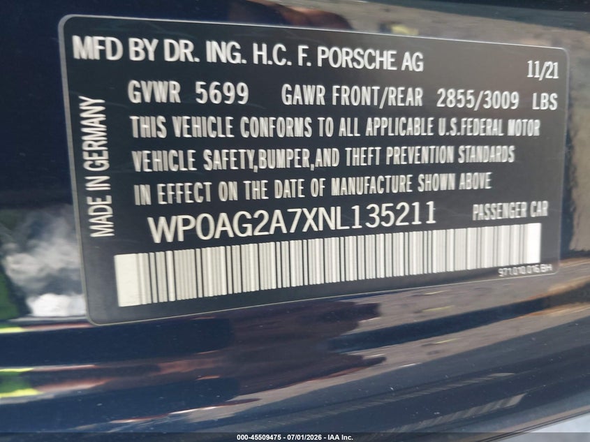 2022 Porsche Panamera VIN WP0AG2A7XNL135211 IAAI salvage auction — RIGHT SIDE, Salvage Title, sold $39,000 on 2026-08-10 (photo 9)