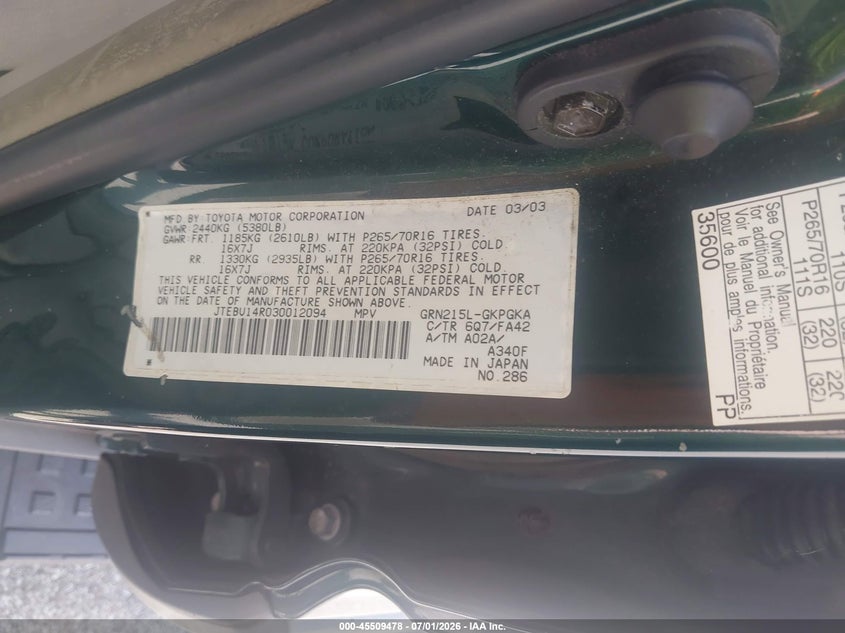 2003 Toyota 4runner VIN JTEBU14R030012094 IAAI salvage auction — NORMAL WEAR, Clear (Indiana), sold $1,500 on 2026-07-16 (photo 9)
