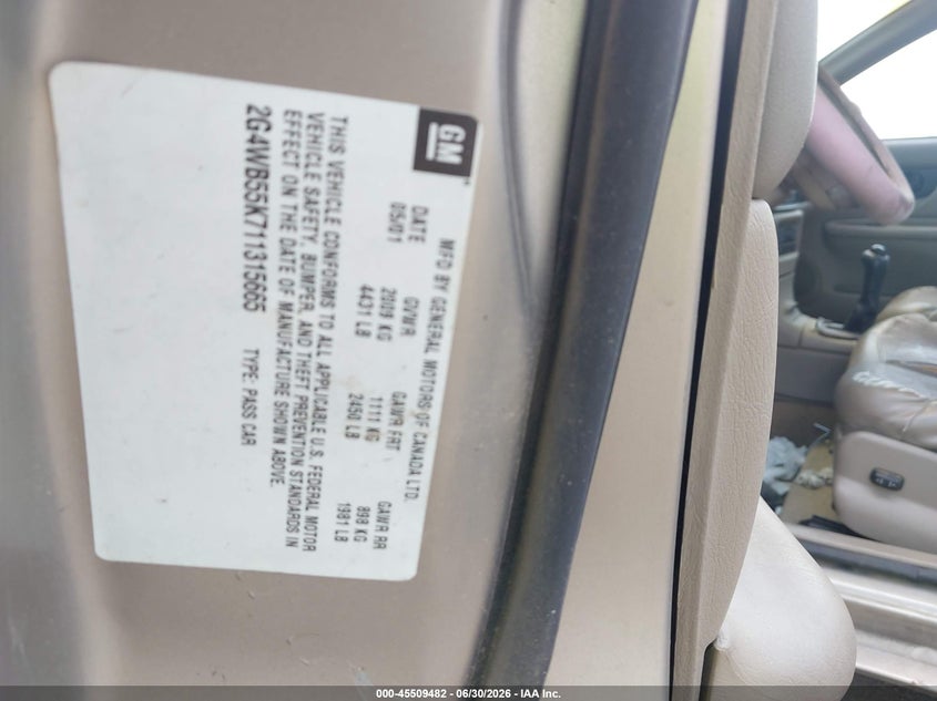 2001 Buick Regal VIN 2G4WB55K711315665 IAAI salvage auction — NORMAL WEAR, Clear (Colorado), sold $75 on 2026-07-22 (photo 9)