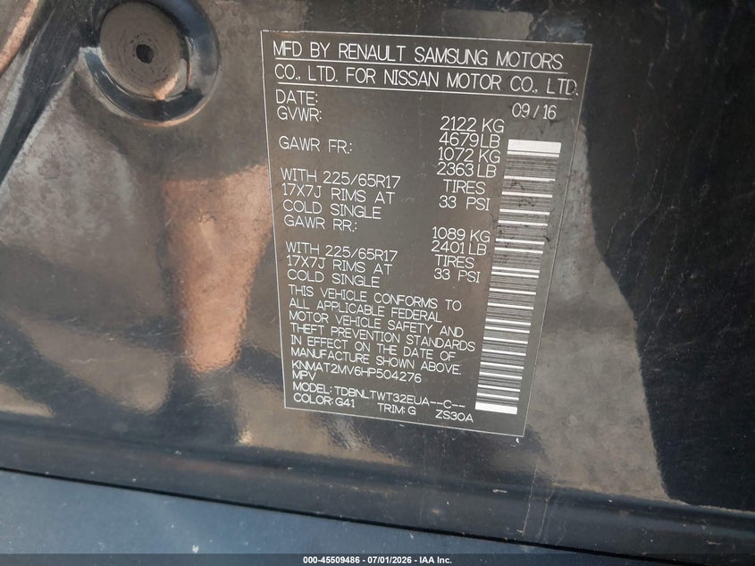 2017 Nissan Rogue VIN KNMAT2MV6HP504276 IAAI salvage auction — FRONT & REAR, Salvage Title, sold $400 on 2026-07-14 (photo 9)