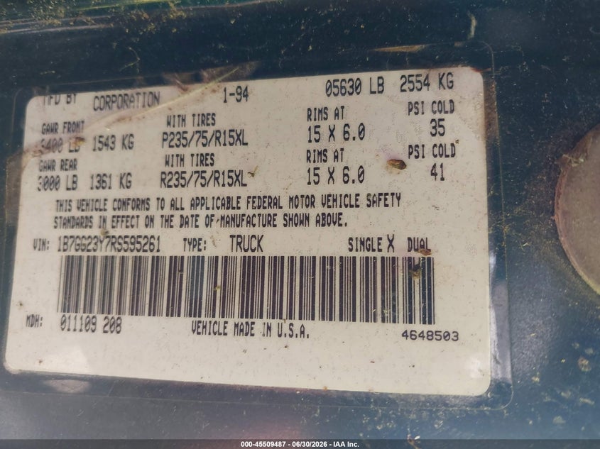 1994 Dodge Dakota VIN 1B7GG23Y7RS595261 IAAI salvage auction — NORMAL WEAR, Clear (Alabama), sold $500 on 2026-07-08 (photo 9)
