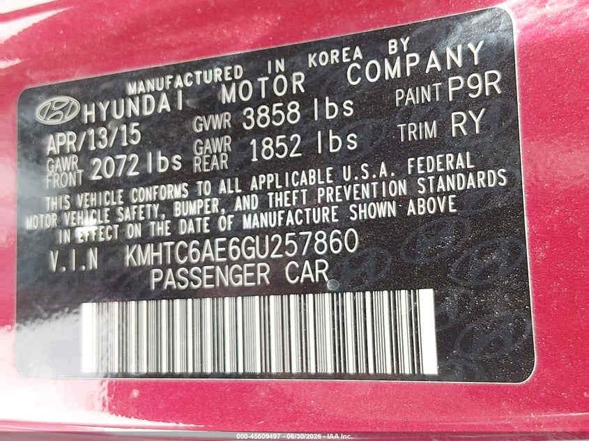 2016 Hyundai Veloster VIN KMHTC6AE6GU257860 IAAI salvage auction — NORMAL WEAR, Clear (Washington), sold $1,200 on 2026-07-29 (photo 9)