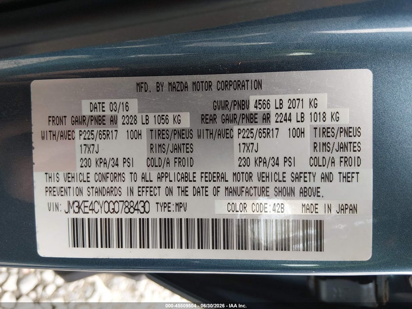 2016 Mazda Cx-5 VIN JM3KE4CY0G0788430 IAAI salvage auction — FRONT END, Bill Of Sale (Washington), sold $2,950 on 2026-07-23 (photo 9)