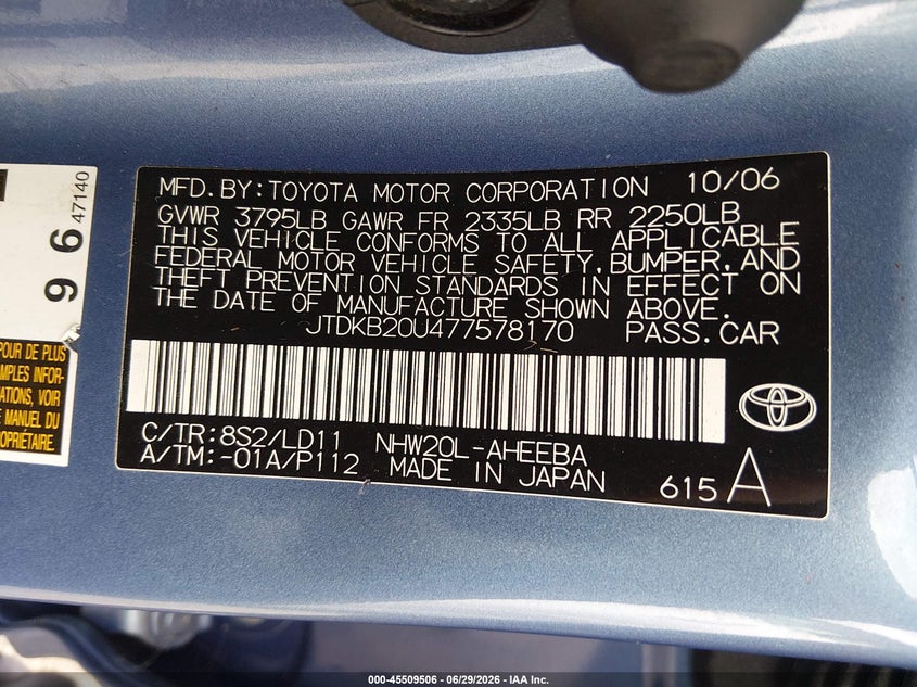 2007 Toyota Prius VIN JTDKB20U477578170 IAAI salvage auction — NORMAL WEAR, Clear (Washington), sold $975 on 2026-07-08 (photo 9)