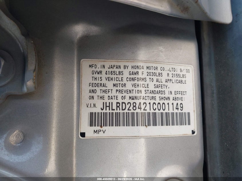 2001 Honda Cr-v VIN JHLRD28421C001149 IAAI salvage auction — NORMAL WEAR, Clear (Tennessee), sold $400 on 2026-07-28 (photo 9)