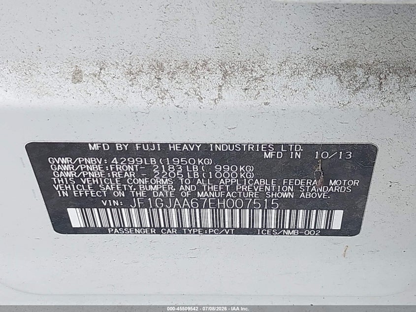 2014 Subaru Impreza VIN JF1GJAA67EH007515 IAAI salvage auction — REAR END, Clear (Indiana), sold $2,350 on 2026-08-01 (photo 9)