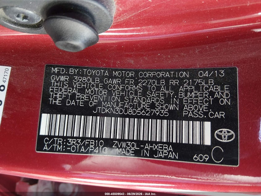 2013 Toyota Prius VIN JTDKN3DU8D5627935 IAAI salvage auction — NORMAL WEAR, Clear (Nevada), sold $475 on 2026-07-24 (photo 9)