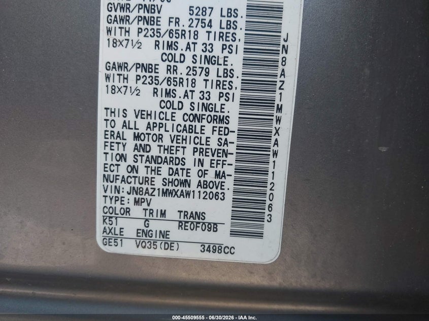 2010 Nissan Murano VIN JN8AZ1MWXAW112063 IAAI salvage auction — NORMAL WEAR, Clear (Pennsylvania), sold $350 on 2026-07-29 (photo 9)
