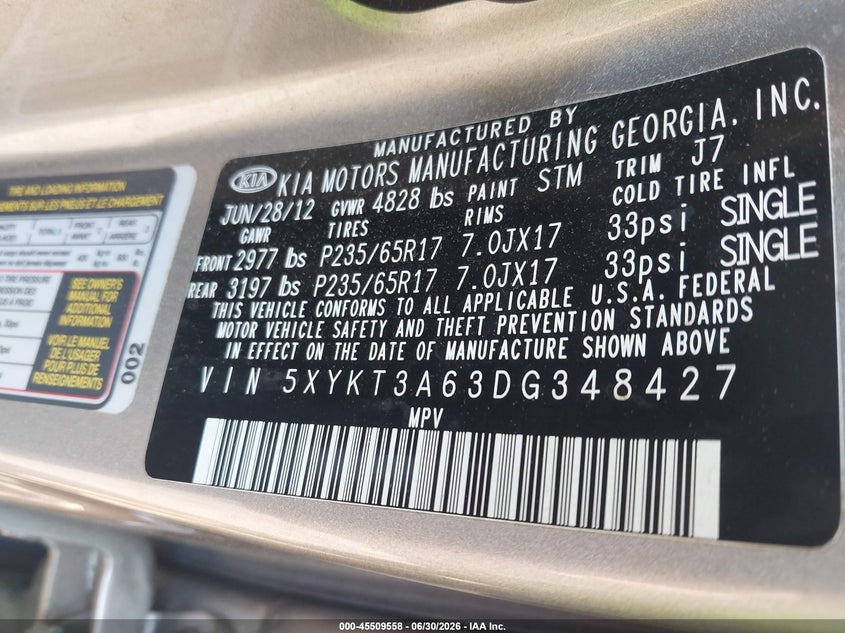 2013 Kia Sorento VIN 5XYKT3A63DG348427 IAAI salvage auction — NORMAL WEAR, Clear (Massachusetts), sold $1,125 on 2026-07-28 (photo 9)