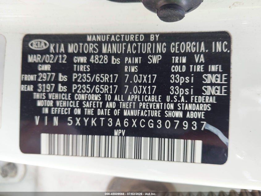 2012 Kia Sorento VIN 5XYKT3A6XCG307937 IAAI salvage auction — NORMAL WEAR, Clear (Kansas), sold $825 on 2026-07-31 (photo 9)