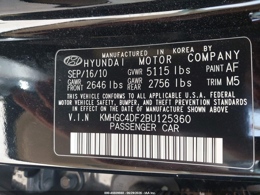 2011 Hyundai Genesis VIN KMHGC4DF2BU125360 IAAI salvage auction — NORMAL WEAR, Original (Texas), sold $825 on 2026-07-13 (photo 9)