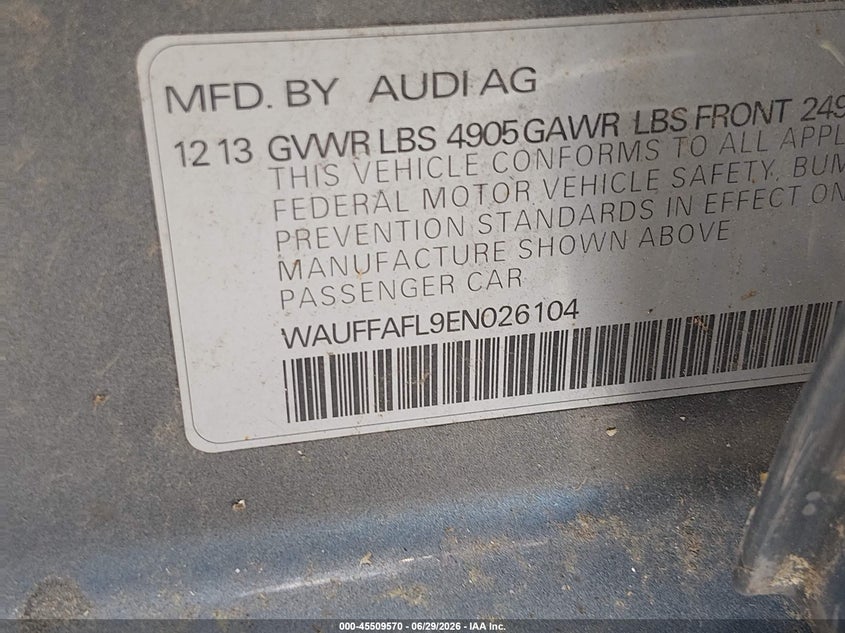 2014 Audi A4 VIN WAUFFAFL9EN026104 IAAI salvage auction — FRONT END, Clear (New Jersey), sold $1,500 on 2026-07-20 (photo 9)