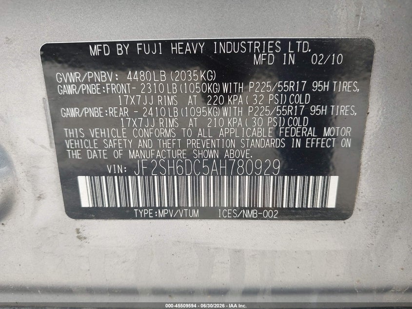 2010 Subaru Forester VIN JF2SH6DC5AH780929 IAAI salvage auction — NORMAL WEAR, Original (Maine), sold $450 on 2026-07-27 (photo 9)