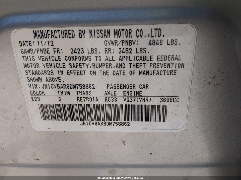 2013 Infiniti G VIN JN1CV6AR6DM758862 IAAI salvage auction — NORMAL WEAR, Clear (New York), sold $1,350 on 2026-07-24 (photo 9)
