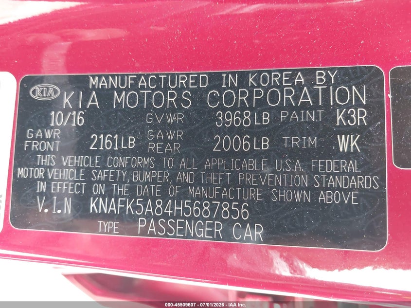 2017 Kia Forte VIN KNAFK5A84H5687856 IAAI salvage auction — NORMAL WEAR, Salvage (California), sold $25 on 2026-07-22 (photo 9)