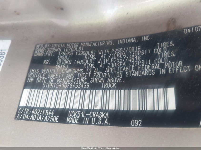 2007 Toyota Tundra VIN 5TBRT54167S453439 IAAI salvage auction — NORMAL WEAR, Repossession Paperwork (Georgia), sold $1,550 on 2026-07-29 (photo 9)