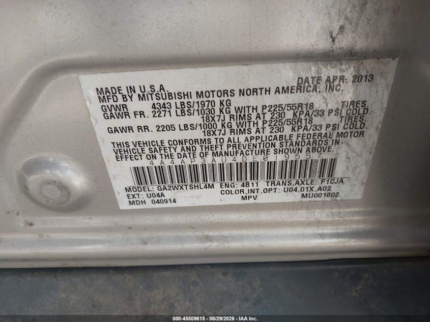 2013 Mitsubishi Outlander VIN 4A4AP3AU4DE019557 IAAI salvage auction — NORMAL WEAR, Original (Texas), sold $1,000 on 2026-07-09 (photo 9)