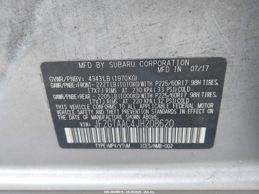 2018 Subaru Xv VIN JF2GTAAC4JH208620 IAAI salvage auction — NORMAL WEAR, Clear (Virginia), sold $2,000 on 2026-07-28 (photo 9)