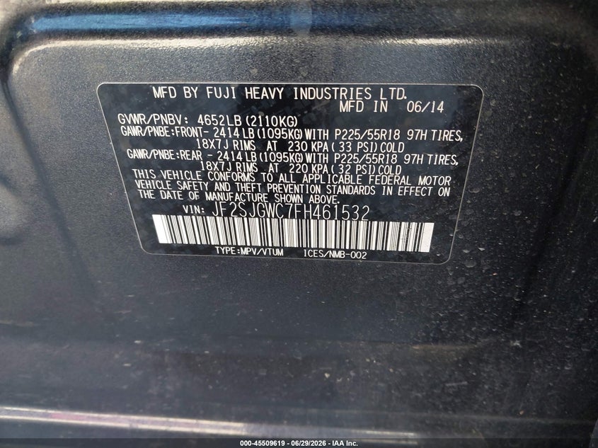 2015 Subaru Forester VIN JF2SJGWC7FH461532 IAAI salvage auction — NORMAL WEAR, Clear - Dealer Only (California), sold $400 on 2026-07-09 (photo 9)