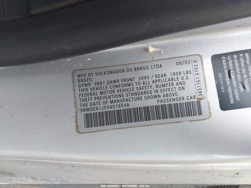 2003 Volkswagen Gti VIN 9BWDE61J034018546 IAAI salvage auction — NORMAL WEAR, Clear (Washington), sold $1,075 on 2026-07-08 (photo 9)