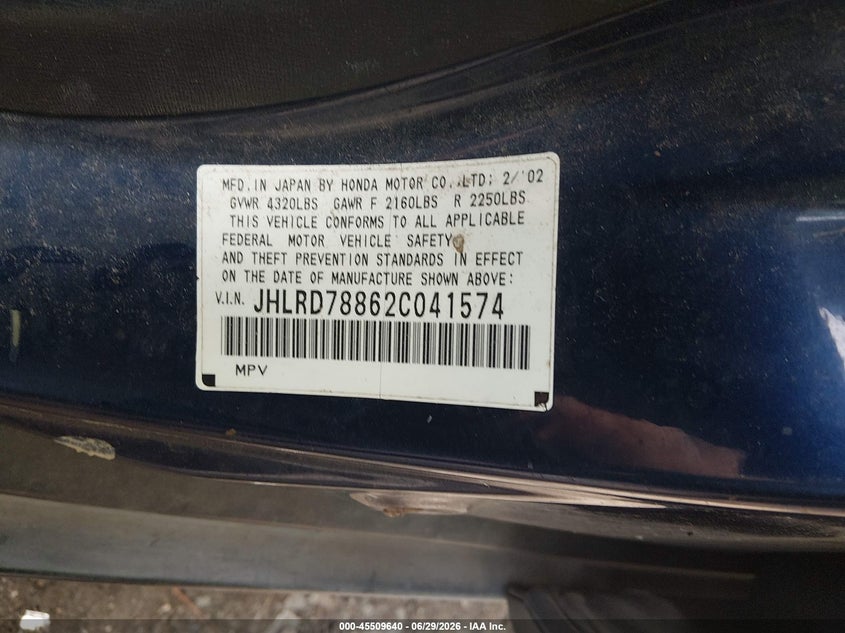 2002 Honda Cr-v VIN JHLRD78862C041574 IAAI salvage auction — NORMAL WEAR, Clear (Virginia), sold $650 on 2026-07-14 (photo 9)