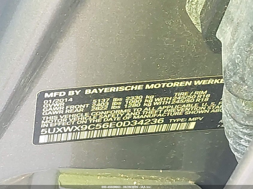 2014 BMW X3 VIN 5UXWX9C56E0D34236 IAAI salvage auction — NORMAL WEAR, Clear (Alabama), sold $425 on 2026-07-29 (photo 9)