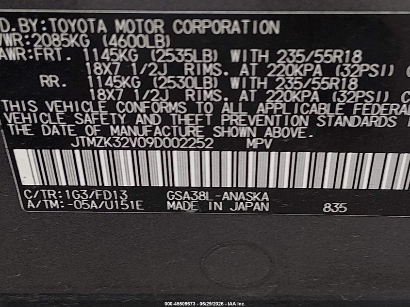 2009 Toyota Rav4 VIN JTMZK32V09D002252 IAAI salvage auction — NORMAL WEAR, Original (Texas), sold $1,475 on 2026-07-28 (photo 9)