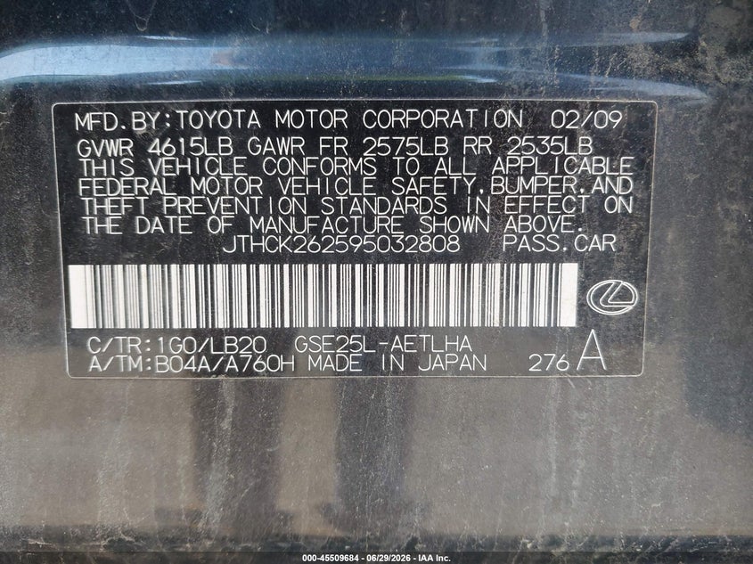 2009 Lexus Is 250 VIN JTHCK262595032808 IAAI salvage auction — NORMAL WEAR, Original (New Hampshire), sold $875 on 2026-07-08 (photo 9)