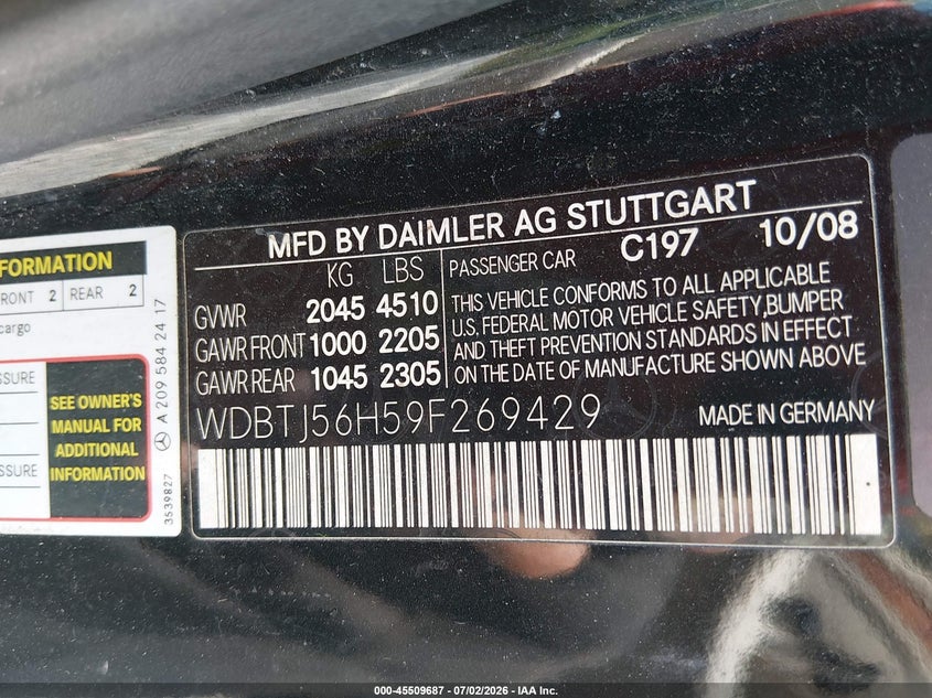 2009 Mercedes-benz Clk-class VIN WDBTJ56H59F269429 IAAI salvage auction — NORMAL WEAR, Clear (Montana), sold $125 on 2026-07-29 (photo 9)