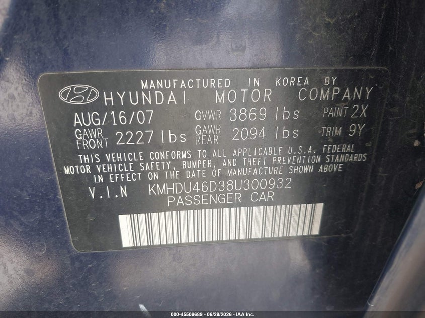 2008 Hyundai Elantra VIN KMHDU46D38U300932 IAAI salvage auction — NORMAL WEAR, Clear - Dealer Only (California), sold $875 on 2026-07-07 (photo 9)