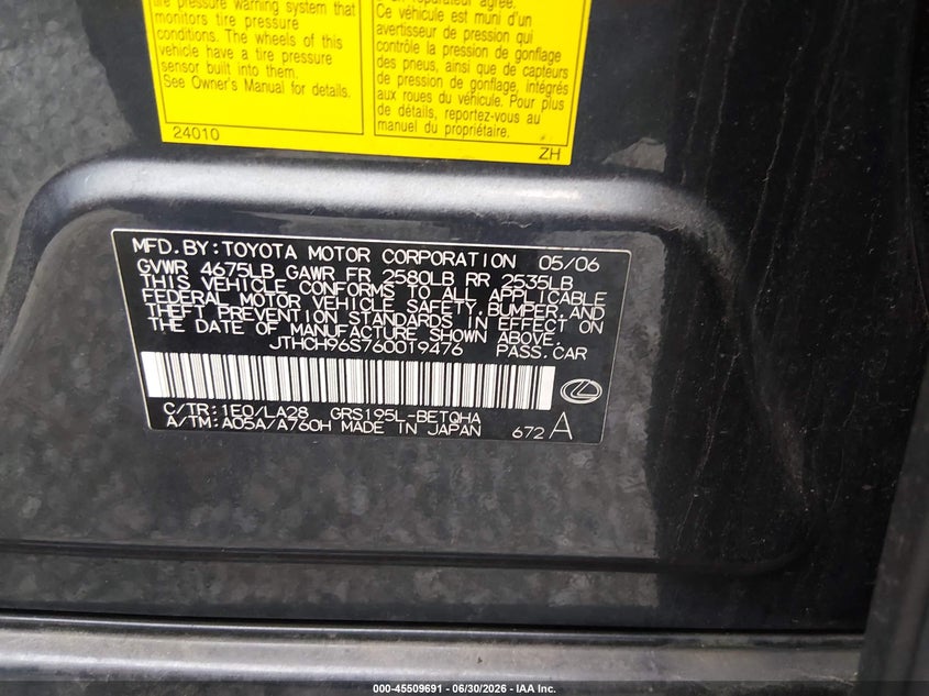2006 Lexus Gs 300 VIN JTHCH96S760019476 IAAI salvage auction — NORMAL WEAR, Clear (Indiana), sold $325 on 2026-07-29 (photo 9)