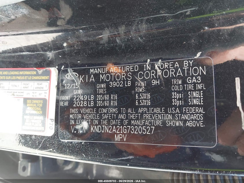 2016 Kia Soul VIN KNDJN2A21G7320527 IAAI salvage auction — NORMAL WEAR, Salvage (California), sold $800 on 2026-07-23 (photo 9)
