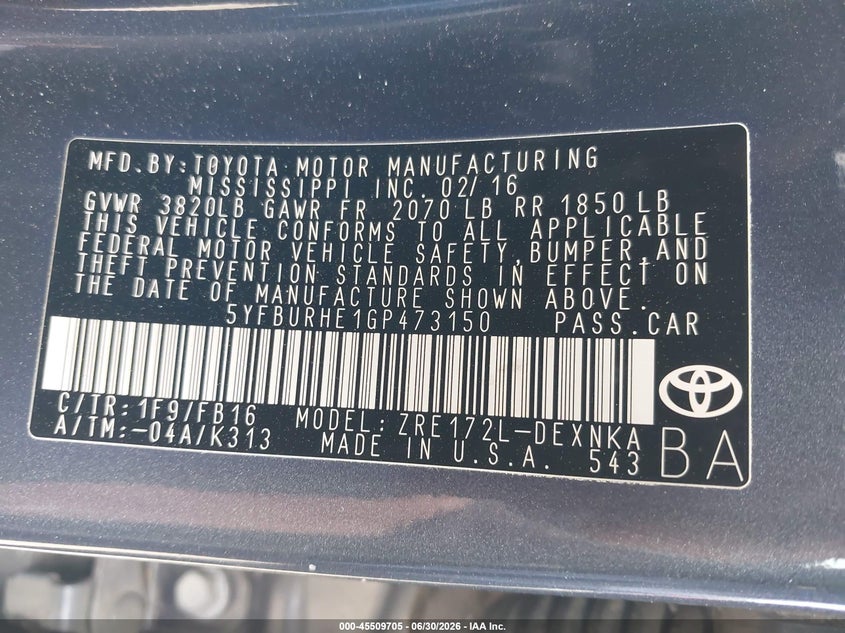 2016 Toyota Corolla VIN 5YFBURHE1GP473150 IAAI salvage auction — LEFT REAR, Salvage (California), sold $1,600 on 2026-07-29 (photo 9)