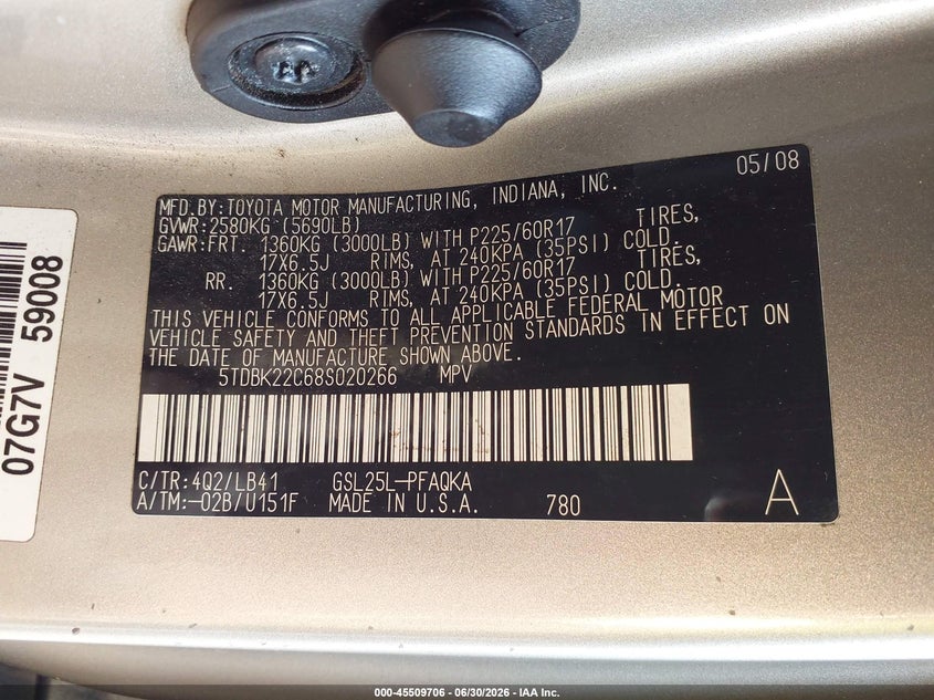 2008 Toyota Sienna VIN 5TDBK22C68S020266 IAAI salvage auction — NORMAL WEAR, Clear (New Jersey), sold $925 on 2026-07-09 (photo 9)