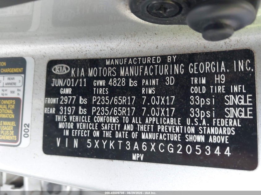 2012 Kia Sorento VIN 5XYKT3A6XCG205344 IAAI salvage auction — NORMAL WEAR, Clear (Florida), sold $850 on 2026-07-29 (photo 9)