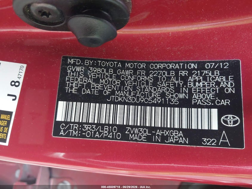 2012 Toyota Prius VIN JTDKN3DU9C5491135 IAAI salvage auction — NORMAL WEAR, Enterprise Vehicles Clear Only (Virginia), sold $1,500 on 2026-07-21 (photo 9)