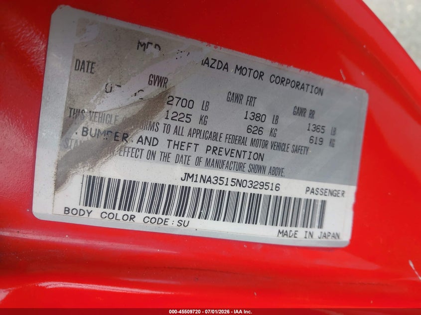 1992 Mazda Mx-5 miata VIN JM1NA3515N0329516 IAAI salvage auction — NORMAL WEAR, Salvage (California), sold $950 on 2026-07-30 (photo 9)