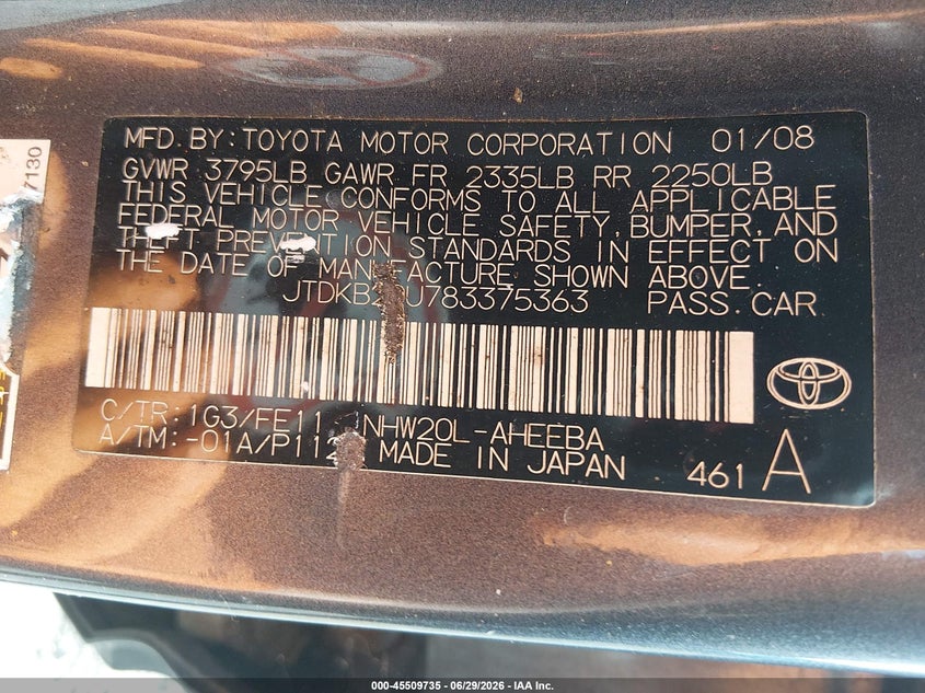 2008 Toyota Prius VIN JTDKB20U783375363 IAAI salvage auction — NORMAL WEAR, Clear (Pennsylvania), sold $775 on 2026-07-24 (photo 9)