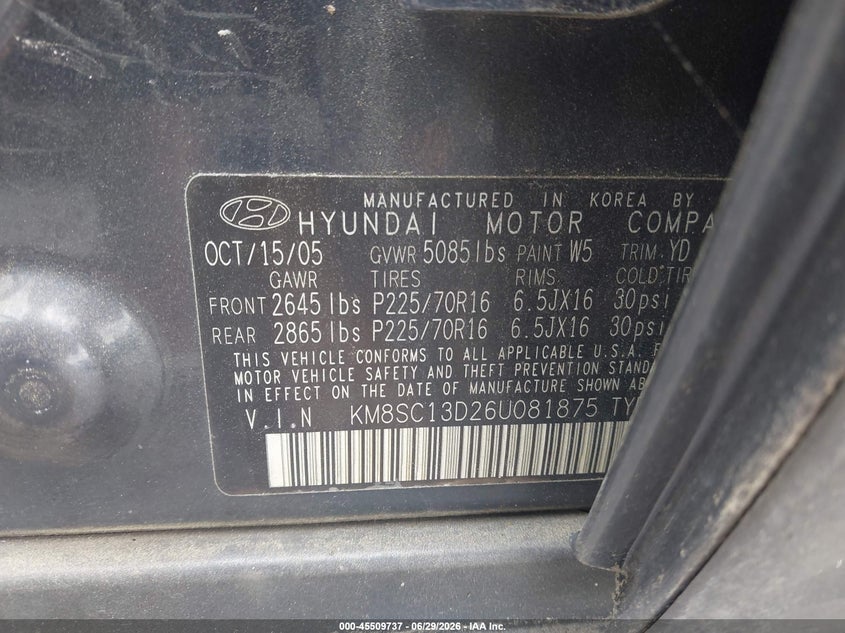 2006 Hyundai Santa fe VIN KM8SC13D26U081875 IAAI salvage auction — NORMAL WEAR, Clear (North Carolina), sold $500 on 2026-07-29 (photo 9)