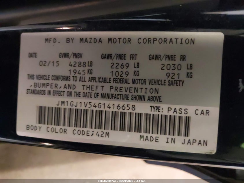 2016 Mazda 6 VIN JM1GJ1V54G1416658 IAAI salvage auction — NORMAL WEAR, Clear (Minnesota), sold $1,250 on 2026-07-08 (photo 9)