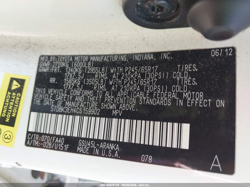 2012 Toyota Highlander VIN 5TDBK3EH4CS159902 IAAI salvage auction — NORMAL WEAR, Clear (Massachusetts), sold $1,250 on 2026-07-28 (photo 9)