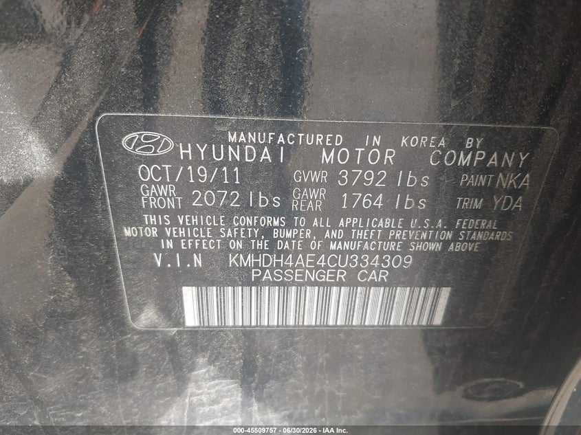 2012 Hyundai Elantra VIN KMHDH4AE4CU334309 IAAI salvage auction — NORMAL WEAR, Clear (New Jersey), sold $700 on 2026-07-17 (photo 9)